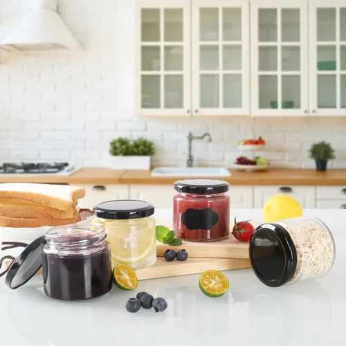 Vista 5 de Paquete de 24 tarros de vidrio de 5 onzas con tapas, tarros pequeños transparentes de 5.1 fl oz con 24 calcomanías, mini tarro de conservas