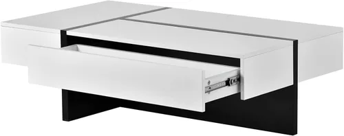 Vista 8 de Mesa de centro retro para sala de estar, mesa de cóctel de madera con cajón y estante de almacenamiento, mesa central con ruedas giratorias móviles