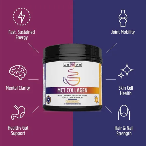Vista 4 de Zhou MCT - Péptidos de colágeno en polvo saborizados para mujeres y hombres, suplemento de colágeno hidrolizado con MCT para articulaciones, huesos