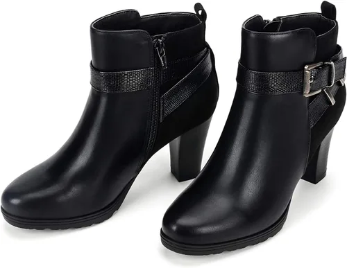 Vista 4 de mysoft - Botines de mujer con cremallera, tacón grueso apilado, botas de tobillo con hebilla y correa en el tobillo Negro (Buckle)