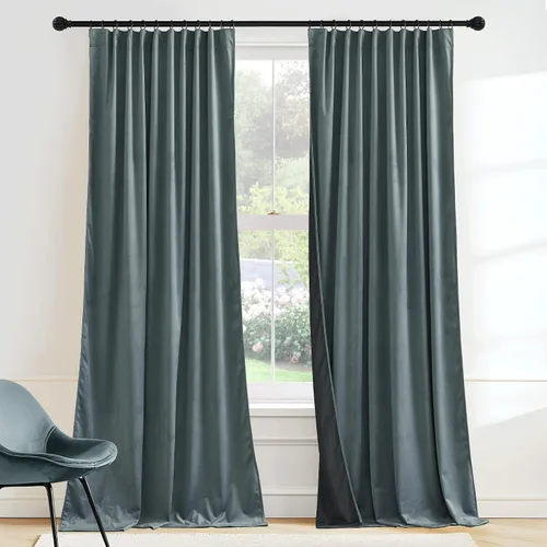 Vista 32 de RYB HOME Cortinas elegantes de terciopelo verde de 63 pulgadas de largo, bloqueo de luz, aislamiento térmico, elegantes cortinas de terciopelo