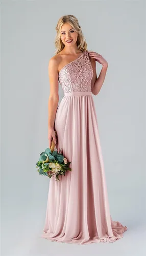 Vista 4 de Women's One Shoulder Lace Bridesmaid Dresses with Pockets Chiffon Long Formal Evening Gowns