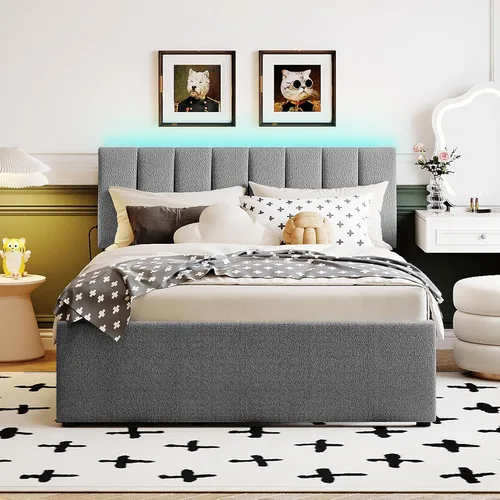 Vista 3 de P PURLOVE Cama de plataforma tapizada de tamaño matrimonial con nido, marco de cama tapizado con luces LED, cama de plataforma de vellón de peluche