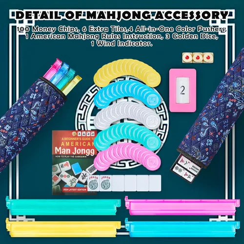 Vista 3 de Nuevo juego de mahjong americano, 166 azulejos premium con dados de metal