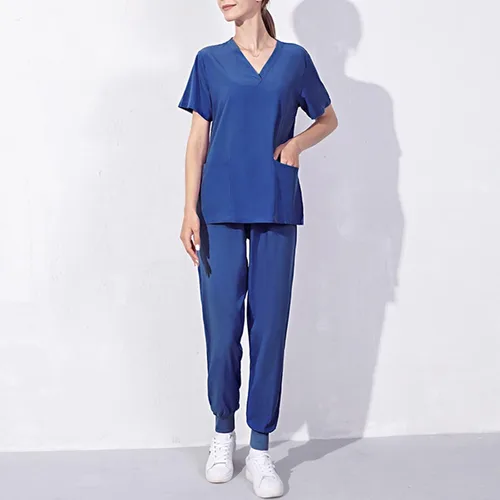 Vista 2 de Conjunto de uniforme médico para mujer, elástico en 4 direcciones, bolsillos ligeros, cuello en V, conjunto de uniforme médico con cordón elástico