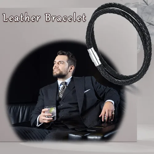 Vista 5 de KXJ Pulsera de cuero italiano para hombres y mujeres, genuina, doble envoltura, negromarrónrojo, brazalete de cuero trenzado con cierre magnético