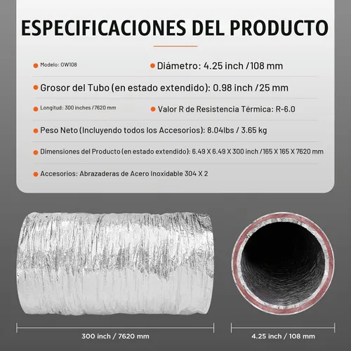 Vista 7 de VEVOR - Conducto flexible aislado de 4 pulgadas R-6.0, 25 pies de largo con 2 abrazaderas para conductos, manguera de conducto de aire de protección