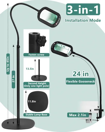 Vista 6 de Lupa rectangular 10X con luz y soporte, lámpara de pie flexible de 24 pulgadas de cuello de cisne 3 en 1, 5 modos de color regulable continuo, lupa