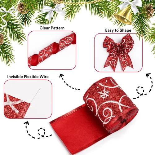Vista 3 de Modacraft 8 rollos de cinta de Navidad con borde con alambre de 48 yardas, cinta con alambre de 2.4 pulgadas con purpurina de 2.4 pulgadas, cinta