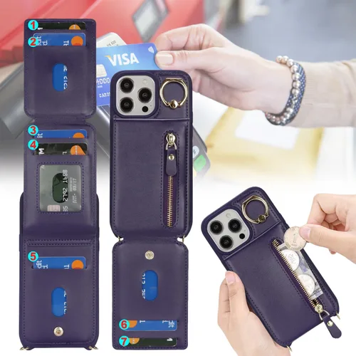 Vista 3 de Funda para iPhone 14 Pro Max con tarjetero para mujer, para iPhone 14 Pro Max, cartera con correa y ranuras para tarjetas de crédito, bandolera