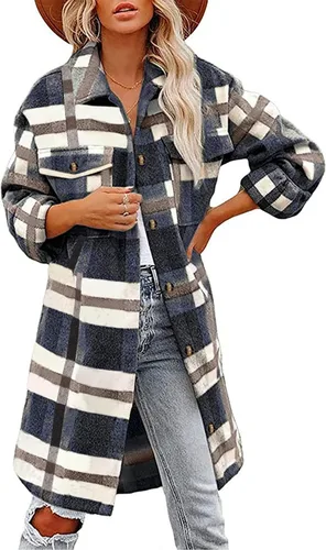 Vista 2 de Vifucz Chaquetas con botones para mujer, camisetas de manga larga con estampado a cuadros, abrigos de vacaciones de moda