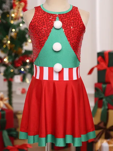 Vista 5 de Disfraz de elfo de Navidad para niñas, vestido de baile de lentejuelas brillantes, vestido de fiesta de Navidad, vestido de Santa Claus