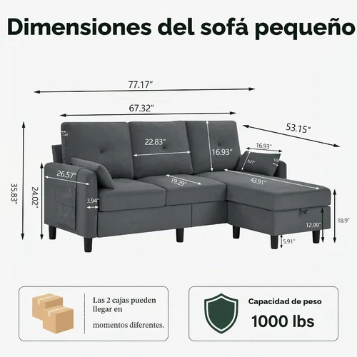 Vista 2 de Sofá modular convertible, sofá pequeño de 3 plazas en forma de L de 77 pulgadas con diván de almacenamiento reversible, sofá moderno de tela de Gris