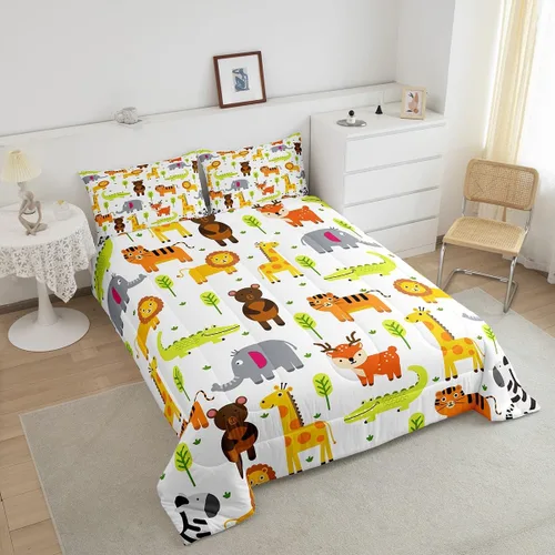 Vista 4 de Erosebridal Juego de ropa de cama individual de animales del zoológico para niños, lindo juego de edredón de animales salvajes de dibujos animados