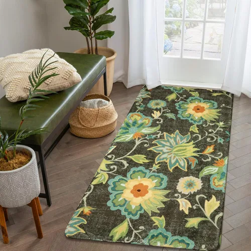 Vista 56 de Lahome - Tapete floral con estampado de cachemira, lavable, antideslizante, pequeño, anti-manchas, suave, para baño, entrada, dormitorio, Negro