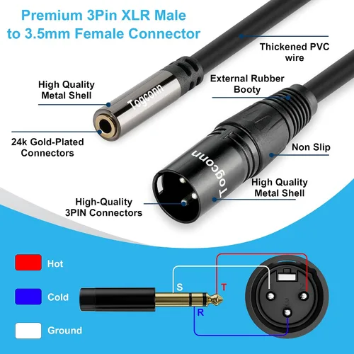 Vista 2 de XLR macho a 0.138 in hembra adaptador de cable, convertidor de conector TRS estéreo equilibrado de 2 pies, 3 pines (1/8 pulgadas)