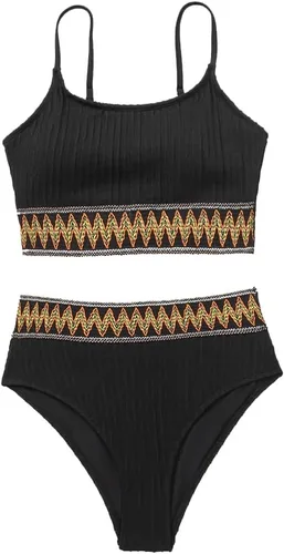 Vista 5 de Beawaenn Bikini acanalado para mujer, traje de baño de cintura alta con control de abdomen, 2 piezas