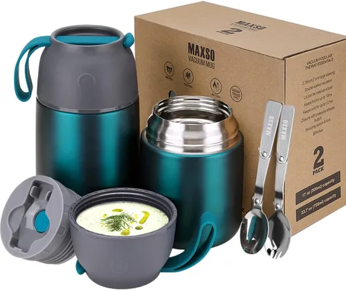 Vista 12 de MAXSO Paquete de 2 termos de sopa para alimentos fríos y calientes para niños y adultos, frascos de alimentos aislados al vacío, recipientes