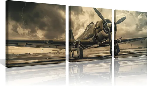 Vista 12 de 3 piezas de arte de pared en lienzo en blanco y negro vintage de la Segunda Guerra Mundial, aviones de combate militares, impresiones de fotografía