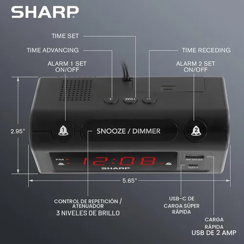 Vista 3 de Reloj de Alarma Sharp para Dormitorios, Carga USB-C Super Rápida y Carga USB de 2 Amperios Rápida, 2 Alarmas, Atenuador de 3 Pasos, Función Reposo