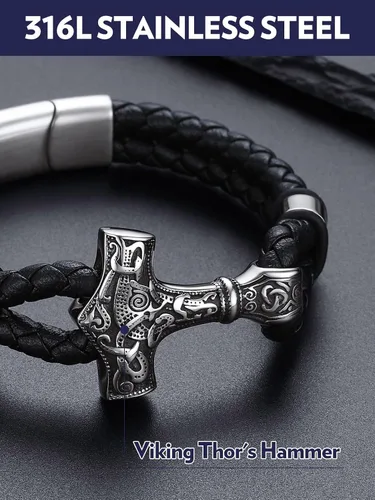 Vista 2 de Bandmax Pulsera trenzada de cuero negro para hombre con colgante gótico punk, pulsera de cuero con hebilla de acero inoxidable, paquete de regalo