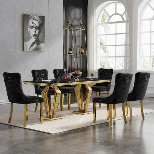 Vista 19 de HomVent - Juego de mesa de comedor de mármol sintético de 68 pulgadas con 4 sillas de terciopelo para cocina Modern Rectangular Faux Marble