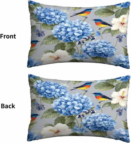 Vista 2 de Mugod Fundas de almohada decorativas para el hogar, diseño de flores de hibisco en acuarela azul, iris y pájaro, funda de cojín rectangular oblonga