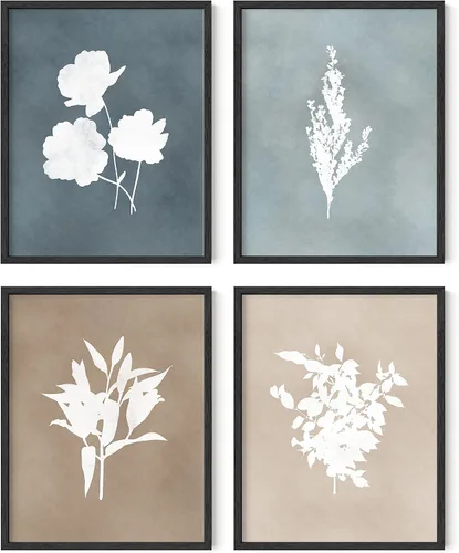 Vista 23 de HAUS AND HUES Arte de pared floral gris, juego de 4 pósteres de plantas para pared vintage, impresiones botánicas, cuadros de flores en blanco