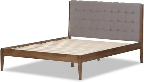 Vista 5 de Baxton Studio Denise Mid-Century - Cama con plataforma de madera, tamaño Queen, gris claro/marrón nogal medio