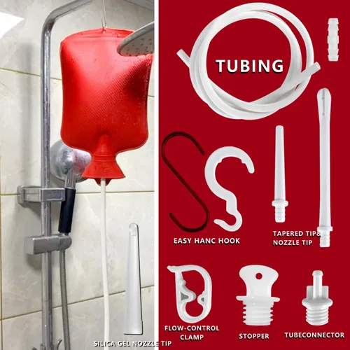 Vista 3 de Bolsa de enema de 2 L con interruptor, botella de agua caliente, manguera de silicona de 5.0 pies de largo, 3 puntas reutilizables de varios