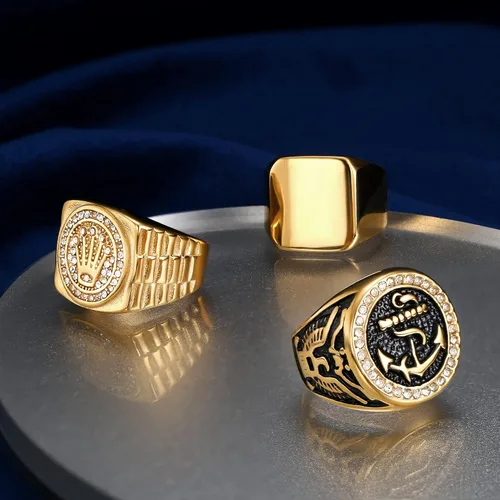 Vista 6 de Dochais 3 anillos para hombres y mujeres, de acero inoxidable, con circonita cúbica, de eslabones cubanos gruesos, vintage, con sello