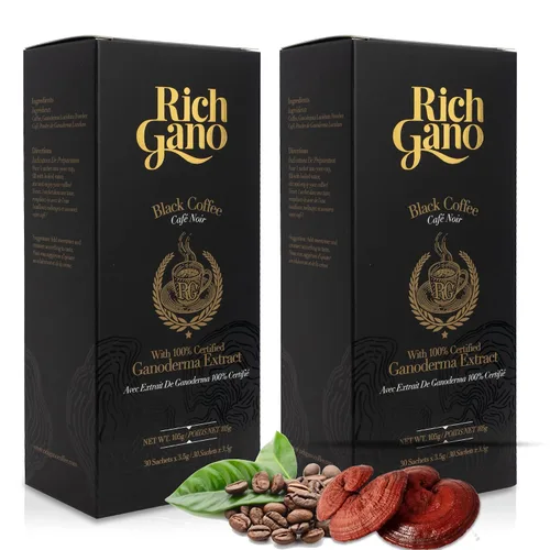 Vista 6 de Rich Gano Café de hongos – 30 sobres de café negro con extracto de ganoderma – Paquetes de café instantáneo veganos sin OMG – Café de ganoderma sin
