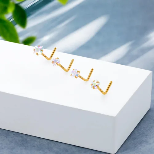 Vista 4 de 4 piezas de anillos de nariz de 20G bañados en oro de 14K para mujeres y hombres, anillos de nariz en forma de L, joyería hipoalergénica