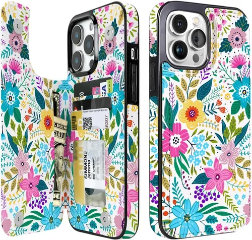 Vista 39 de uCOLOR - Funda tipo cartera para iPhone 15 con tarjetero y diseño de lunares con leche de almendra Bloqueo RFID de piel sintética para mujeres
