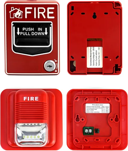 Vista 2 de QWORK Estación de Alarma de Sonido y Luz de Emergencia con Cable, Sirena Estroboscópica de Cuerno de 12 / 24V CC con Botón de Alarma de Pánico