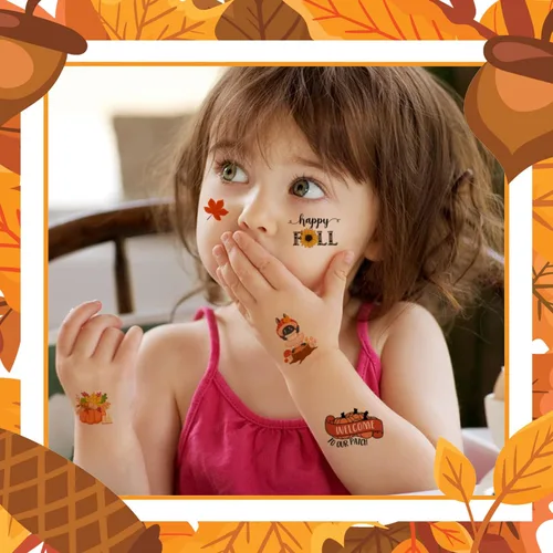 Vista 4 de 65 piezas de tatuajes temporales de otoño para niños, 12 hojas de cosecha de otoño, Acción de Gracias, calcomanías temporales de tatuaje