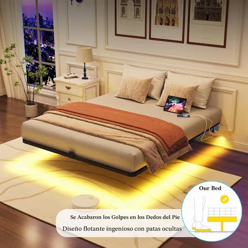 Vista 4 de Base de cama flotante con luces LED y estación de carga - Base de cama moderna de plataforma metálica con juntas de colchón - Libre de ruido,
