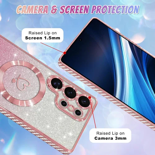 Vista 720 de Bonoma - Funda compatible con Samsung Galaxy S21 Plus, diseño de corazón con purpurina, color rosa Support for MagSafe, Plating Magnetic Case TPU