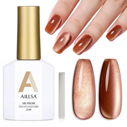 Vista 7 de AILLSA - Esmalte de uñas de gel ojo de gato color marrón con purpurina dorada con imán, esmalte de uñas de gel ámbar destello nude con cristales