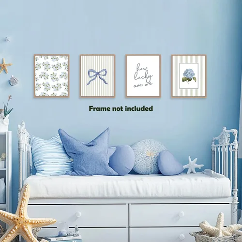 Vista 3 de Pleonox Juego de 4 impresiones artísticas florales de hortensias con lazo azul coqueta verde salvia de 8 x 10 pulgadas, con texto en inglés «How