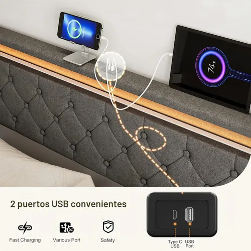 Vista 5 de IKIFLY Cabecera tapizada tamaño Queen con luces LED, puerto USB y tipo C 39.4"-43.3" Adjustable Height, Button Tufted Linen Fabric Padded Queen