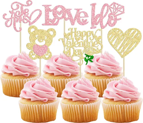 Vista 17 de Ephlyn 1 decoración de pastel de corazón con purpurina para el día de San Valentín, primer cumpleaños, decoración para baby shower, fiesta