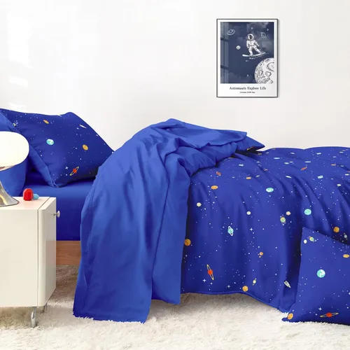 Vista 4 de Wake In Cloud - Juego de edredón espacial, tela 100% algodón, diseño de astronauta con diseño de constelación, cohete y estrella, para niños