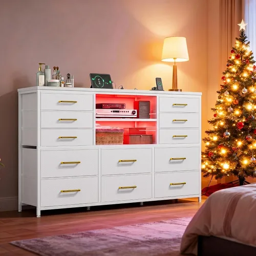 Vista 12 de EnHomee - Cómoda negra con luces LED y estación de carga, soporte de TV para televisor de 60 pulgadas, cómodas anchas y cómodas con estantes