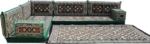 Vista 103 de arabicsofa Juego de asientos Jalsa en forma de L – Majlis árabe hecho a mano con almohadas de respaldo