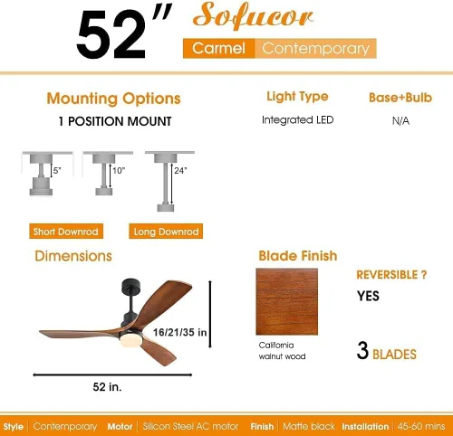 Vista 6 de Sofucor Ventilador de techo de 52 pulgadas con control remoto de luces, 3 postes para ventilador de techo interior y exterior con control remoto