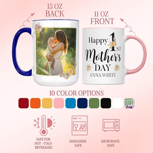 Vista 2 de Regalos para el primer día de la madre, taza de café personalizada con foto y nombre, 11 o 15 onzas, 10 opciones de color, taza personalizada