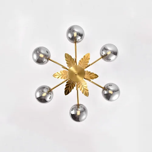 Vista 6 de Lámpara de araña Sputnik moderna con 6 luces, esfera con globos de cristal, lámpara colgante con decoración de hojas, acabado blanco