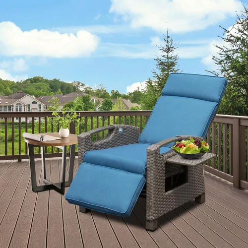 Vista 9 de Domi - Silla reclinable para exteriores, sillón reclinable de patio con mimbre tejido a mano, mesa abatible con respaldo de empuje, ángulo