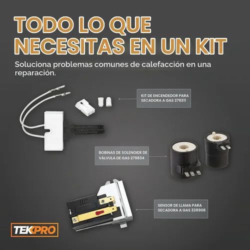 Vista 3 de Kit de reparación de secadora de gas con encendedor 279311, bobina de válvula 279834, sensor de llama 338906. Piezas de repuesto